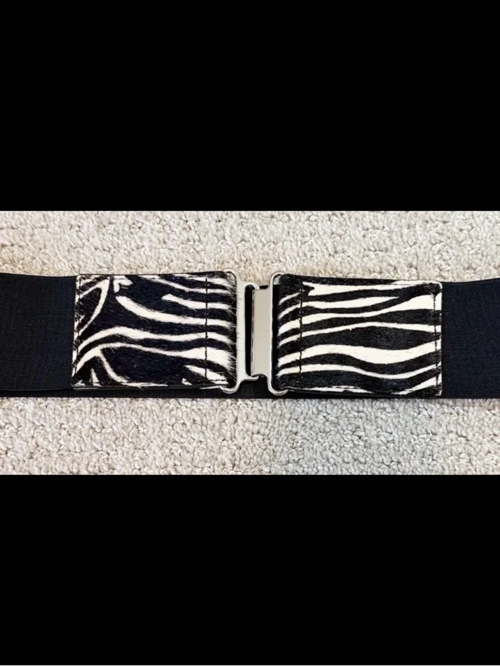 Zebra Print Calf Hair Leather Wide Stretch Statement Belt Size L Silver Buckle